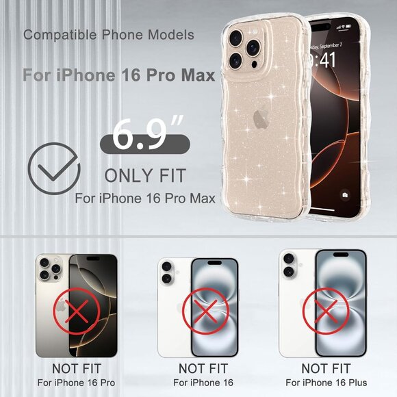 iPhone 16 Pro Max Case Clear, Cute Sparkly Bling Glitter Curly Wave NEW - Picture 3 of 6